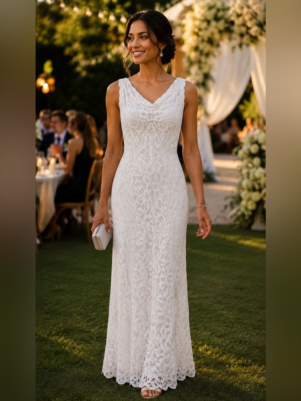 Elegant Cache Ivory Lace Maxi Dress - Sleeveless - Stained. Sz 2